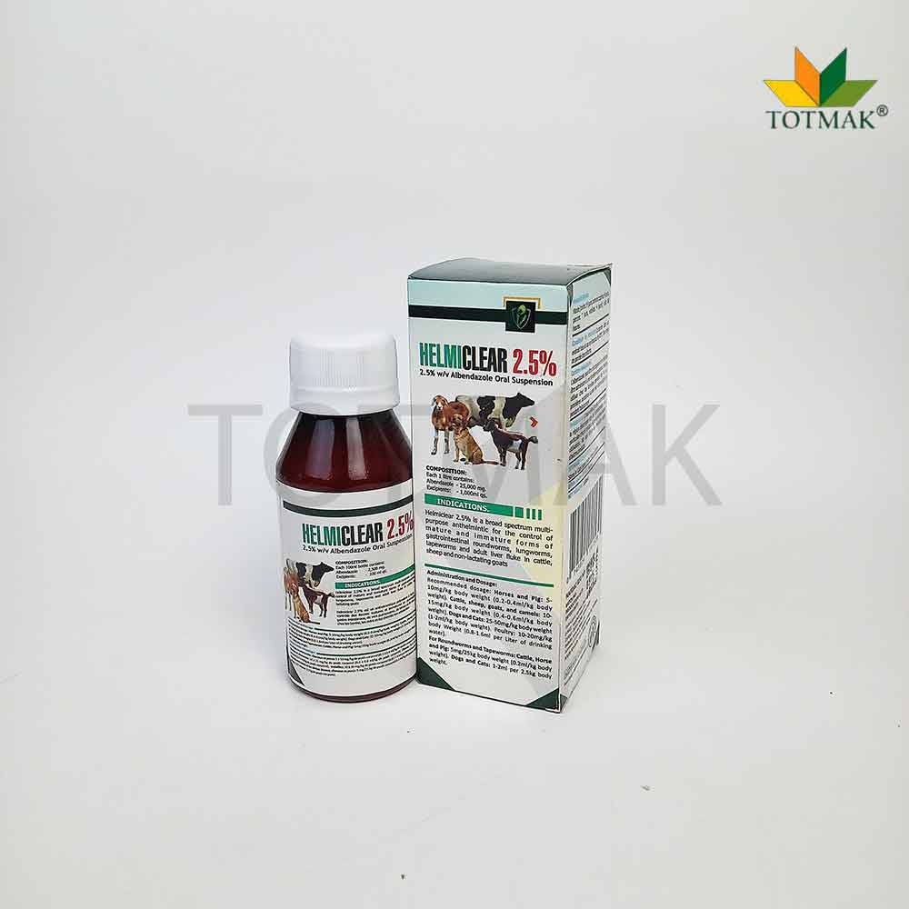 Helmiclear Albendazole 2.5% 100ml oral dewormer for cattle, sheep, and goats; effective against roundworms, tapeworms, lungworms, and liver flukes.