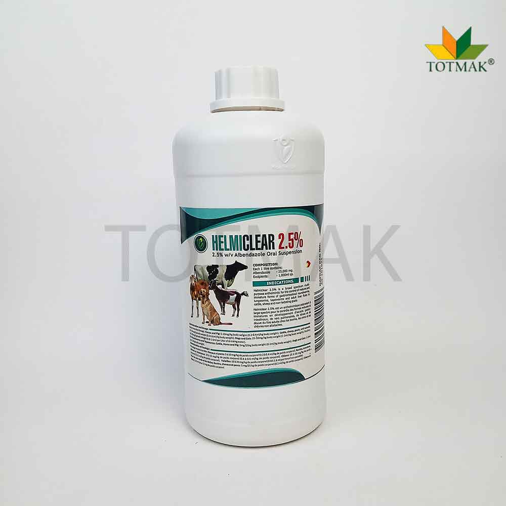 Helmiclear Albendazole 2.5% 1L oral dewormer for cattle, sheep, and goats; effective against roundworms, tapeworms, lungworms, and liver flukes.