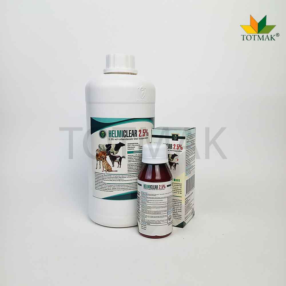 Helmiclear Albendazole 2.5% oral dewormer for cattle, sheep, and goats; effective against roundworms, tapeworms, lungworms, and liver flukes.